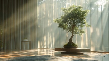 Visualize a minimalist meditative space, with ethereal light beams coming through sheer curtains, a single bonsai or small indoor plant in focus, creating a serene atmosphere for reflection. - obrazy, fototapety, plakaty