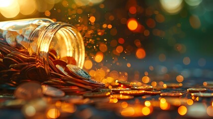 Sunlit savings concept with coins spilling from a container and rising arrows - obrazy, fototapety, plakaty