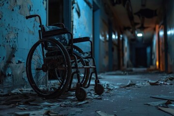 Forgotten pathways: an abandoned wheelchair in a decrepit corridor - obrazy, fototapety, plakaty