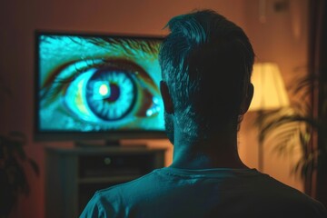 Man engrossed by a striking large eye on tv, concept of media influence - obrazy, fototapety, plakaty