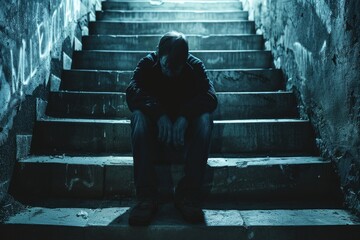 Man sitting alone on dark staircase - obrazy, fototapety, plakaty