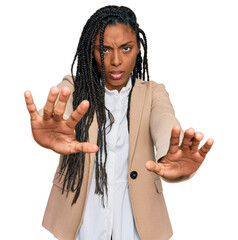 African american woman wearing business jacket doing stop gesture with hands palms, angry and...