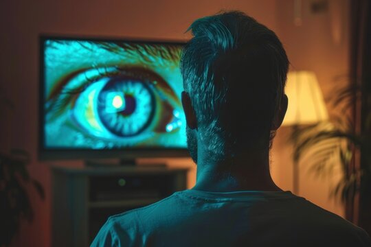 Man engrossed by a striking large eye on tv, concept of media influence