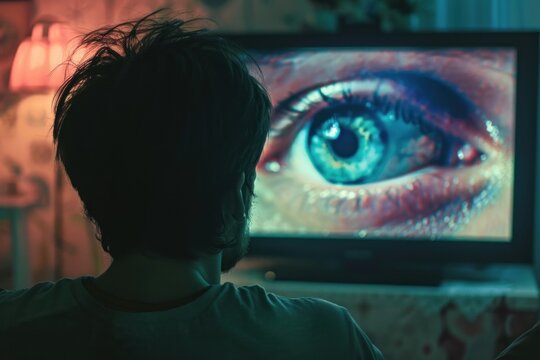 Silhouette of a person engrossed by a giant eye on screen, depicting media influence