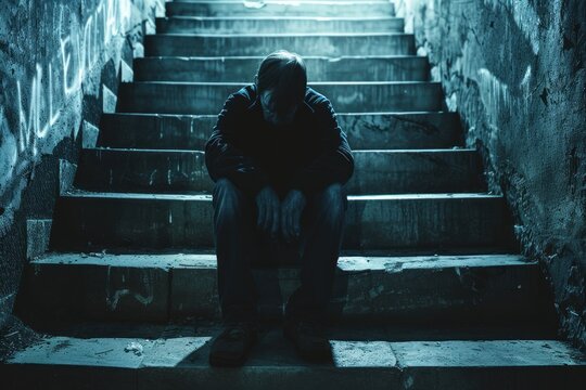 Man sitting alone on dark staircase