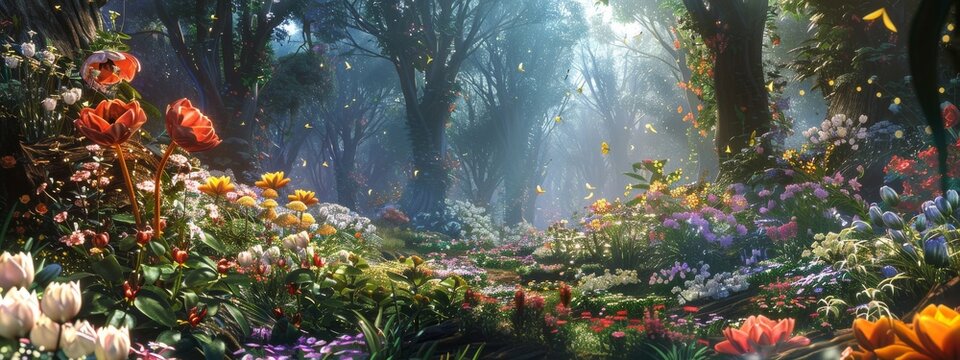 Visualize a vibrant, magical garden where every turn reveals a new wonder: flowers that glow with an inner light, trees that whisper secrets from centuries past.
