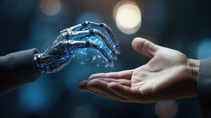 Close up of human hand holding robotic arm on bokeh background - obrazy, fototapety, plakaty
