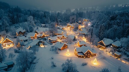 Winter wonderland from above, drone photography of a snow-covered village with twinkling lights, cozy atmosphere, holiday season theme. - obrazy, fototapety, plakaty