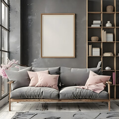 Rustic sofa with pink pillows against window and wooden bookcase, scandinavian home interior design. 3d render.