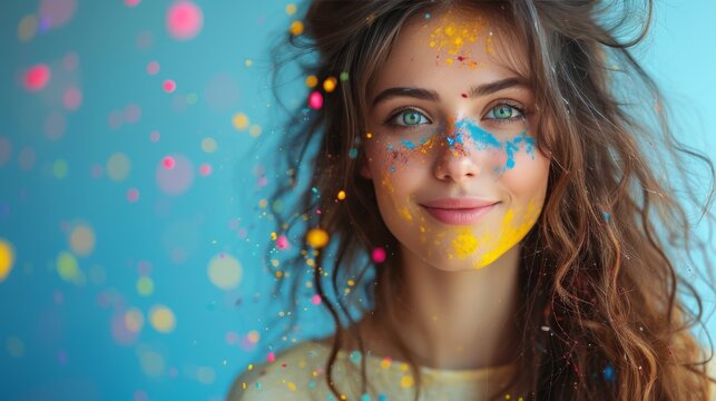 A young woman with blue eyes and paint splashes on her face, radiating a whimsical and artistic aura