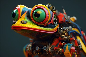 Futuristic Robot Frog: A Metallic Amphibian Prototype in Vibrant Hues - obrazy, fototapety, plakaty