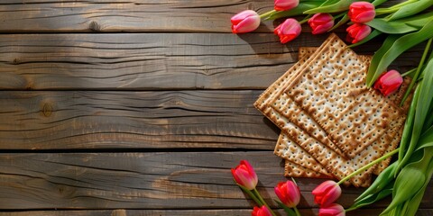 Fototapeta na wymiar Jewish holiday Passover celebration concept with matzah and tulip flowers on wooden table. 