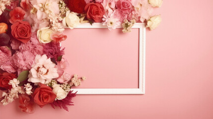 Creative layout made of flowers and white frame on pink background. Flat lay, top view, copy space