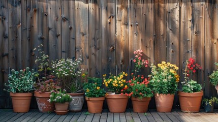 Several potted plants were neatly arranged next to the wooden fence. creating an outdoor exhibition space