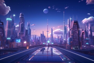 A futuristic cityscape with towering skyscrapers, neon lights, and flying cars