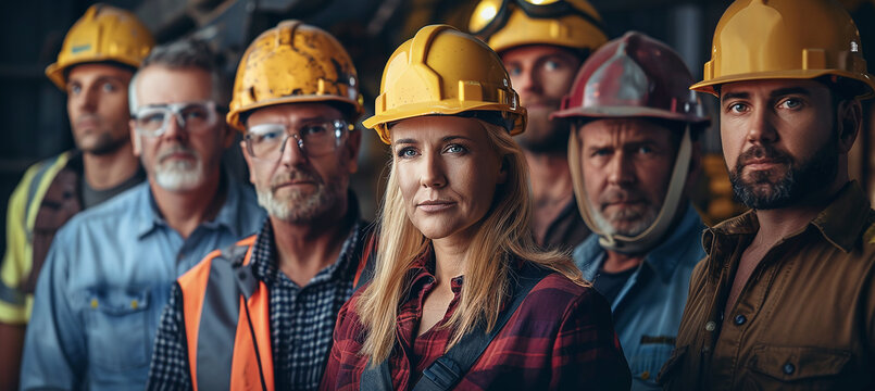 group portrait of builders against the backdrop of earthmoving equipment