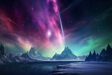 A view of a distant planet with a bright, colorful aurora in the sky - obrazy, fototapety, plakaty