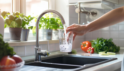 Woman filling glass with tap water from faucet in kitchen, closeup - obrazy, fototapety, plakaty