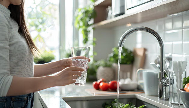 Woman filling glass with tap water from faucet in kitchen, closeup