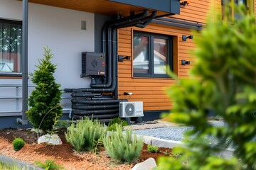 A photo of a ground source heat pump system a sustainable and efficient way to heat homes using renewable geothermal energy. Concept Geothermal Energy, Ground Source Heat Pump System - obrazy, fototapety, plakaty