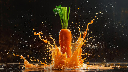 Carrot juice splashing mid-air, captured with high-speed photography, vibrant and lively. - obrazy, fototapety, plakaty