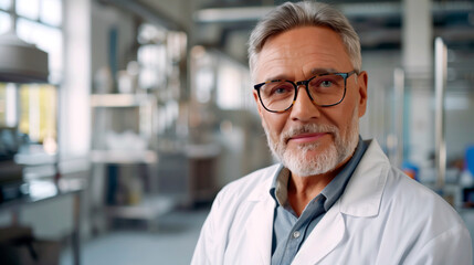 Distinguished older man with glasses in a laboratory setting