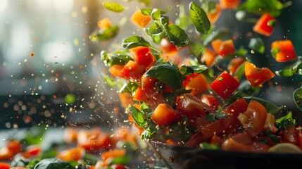 Bright array of fresh vegetables tossed in air from skillet - obrazy, fototapety, plakaty