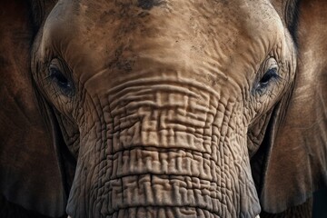 A close-up of an elephant's trunk and face, with the animal looking directly into the camera