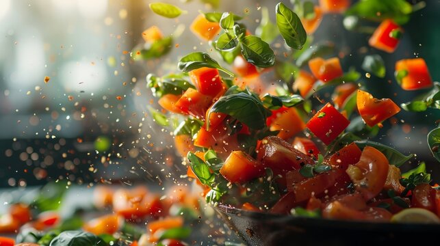 Bright array of fresh vegetables tossed in air from skillet