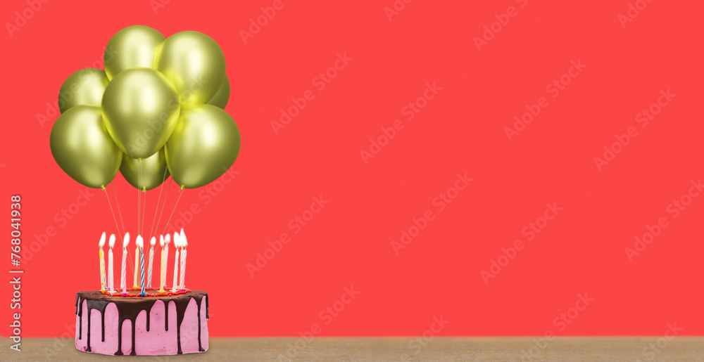 Aufkleber Birthday cake with bunch of golden balloons on red background. Empty space for text. 3d rendering