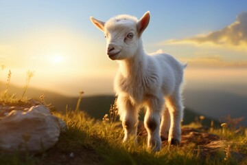 A baby goat standing on a hill, its eyes looking around curiously and its horns gleaming in the sunlight