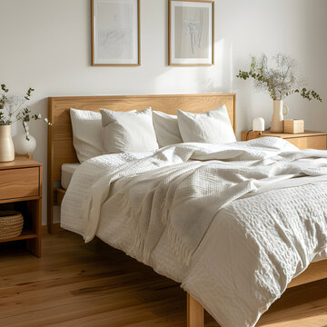 Wood bed with white bedding and bedside cabinets. Scandinavian style interior design of modern bedroom. 3d render.