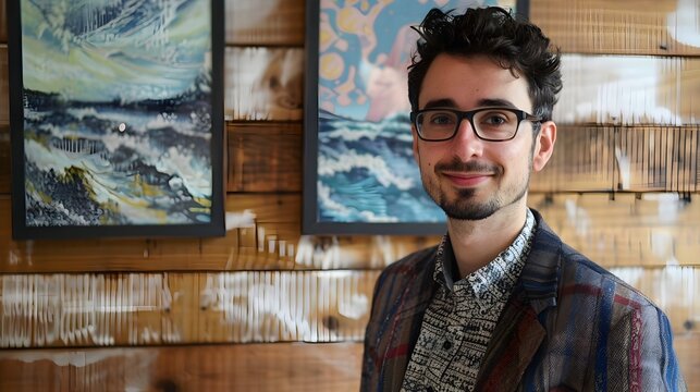 Art enthusiast in a gallery setting - Casual-dressed man with glasses in front of abstract paintings at an art exhibit