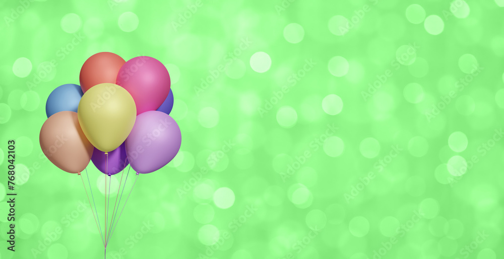 Aufkleber Bunch of colorful balloons on blurred green background. Empty space for text. 3d rendering