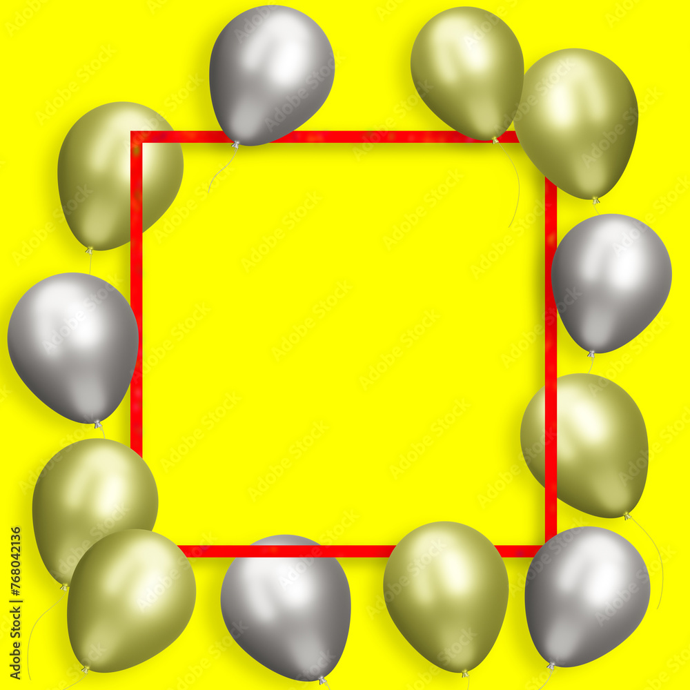 Aufkleber Red frame with gold and silver balloons on yellow background. Empty space for text. 3d rendering