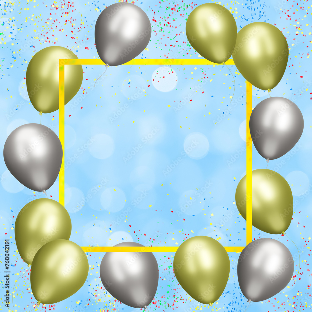 Aufkleber Yellow frame with gold and silver balloons on blurred blue background. Empty space for text. 3d rendering