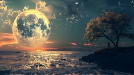 Giant moon over a solitary tree - An awe-inspiring giant moon illuminates the sky above a lone tree beside an ocean at sunset, evoking feelings of solitude - obrazy, fototapety, plakaty