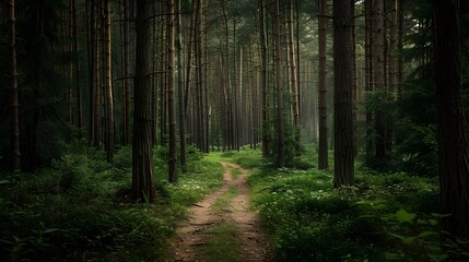 Mystical path through dense green forest - A tranquil and moody pathway leading through a thick forest of tall, narrow trees, invoking a sense of peace