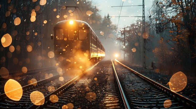 Atmospheric train journey in autumn - A train travels through an autumnal forest under a captivating bokeh light effect, creating a warm yet mysterious journey