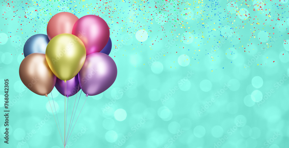 Aufkleber Bunch of shiny colorful balloons on blurred green background with confetti. Empty space for text. 3d rendering