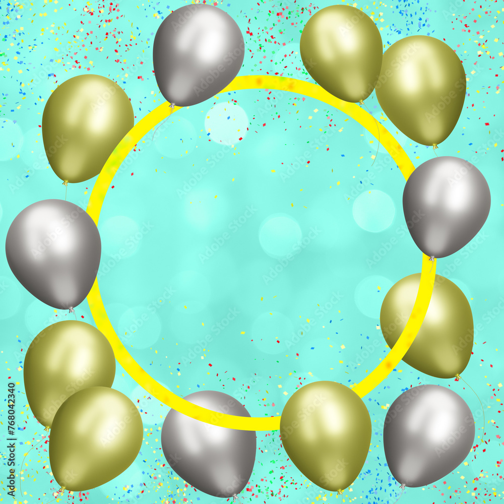 Aufkleber Golden frame with gold and silver balloons on blurred green background. Empty space for text. 3d rendering