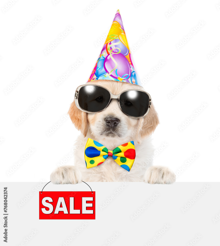 Poster golden retriever puppy wearing tie bow and party cap shows signboard with labeled 