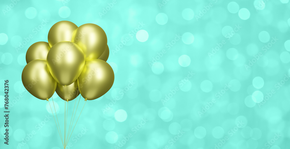 Aufkleber bunch of gold balloons on blurred aquamarine or green background. empty space for text. 3d rendering