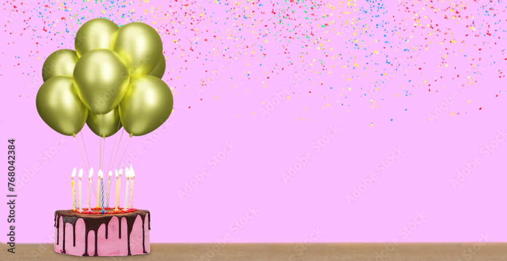 Poster birthday cake with bunch of golden balloons on pink background with confetti. empty space for text. 