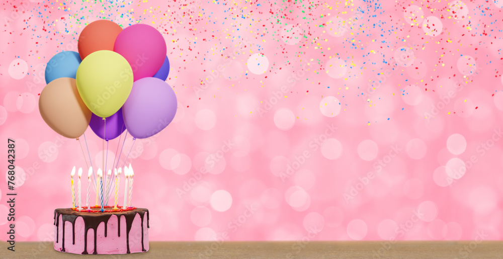 Aufkleber birthday cake with bunch of colorful balloons on blurred pink background with confetti. Empty space for text. 3d rendering