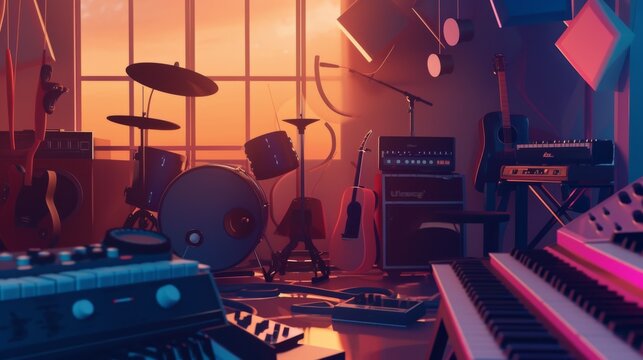 A music studio setup bathed in the warm glow of a sunset, casting long shadows and highlighting an array of instruments