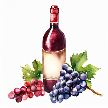 Watercolor illustration of bottle of wine and fresh grapes on white background. Tasty beverage.