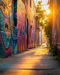 Fototapeta premium Colorful Murals, on urban walls, adding vibrancy to once neglected streets,under golden hour light, with a soft depth of field bokeh effect