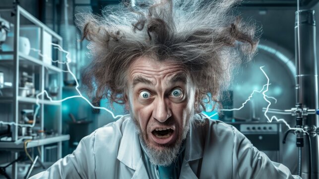 A character portrait of a mad scientist with wild hair and a lab coat, caught in a moment of surprise and alarm. The image humorously captures the essence of this iconic, quirky persona.