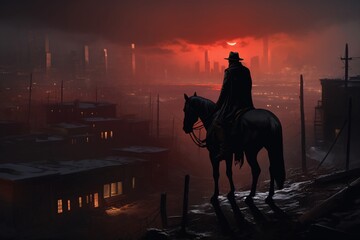 a man on a horse looking at a city at sunset
